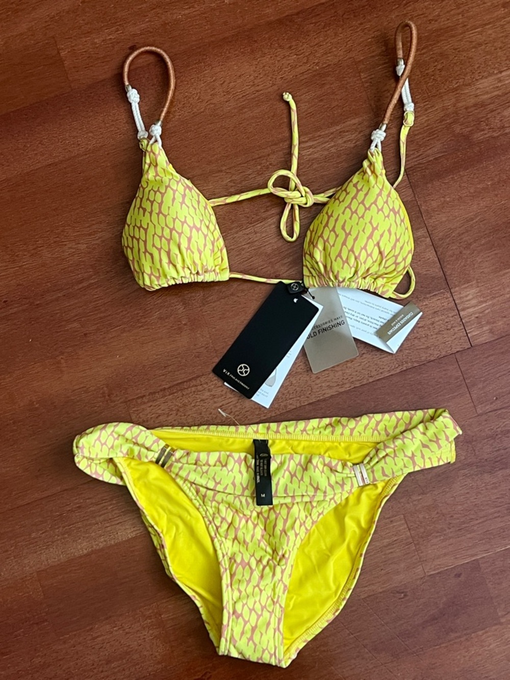 Vix Yellow Patterned Triangle Bikini with Tan Strap Details